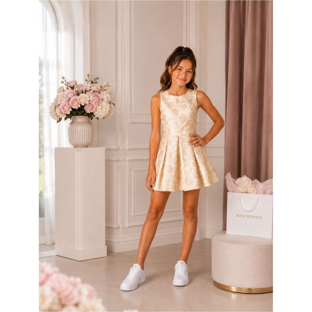 MISS BEHAVE Girls Fit Flare Dress SMALL Metallic Gold GD1340GLD-INGRID